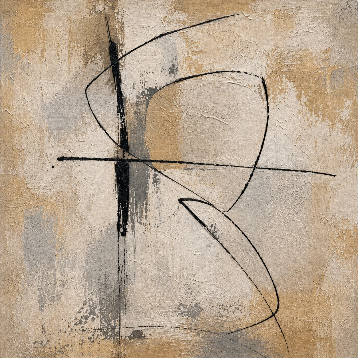 An abstract composition of flowing black lines, ivory, and warm gold