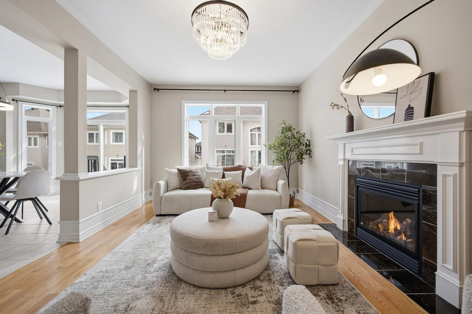 Warm neutral living room staged by DW Home Décor