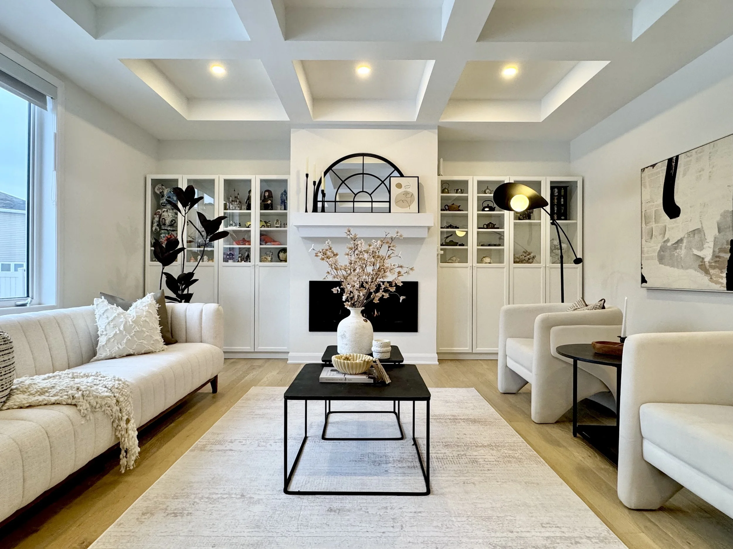 Modern staged living room with a balanced furniture layout